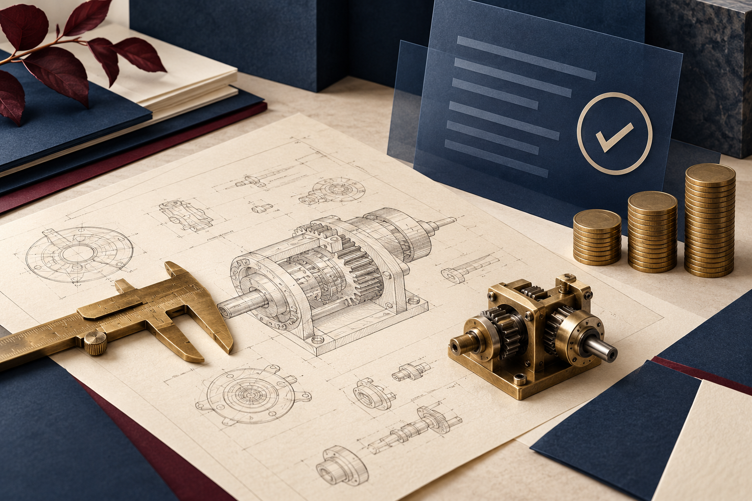 Original illustration of an invention blueprint, mechanical prototype, coins, and a checked document representing patent-fee eligibility.