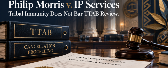 Custom illustration for Philip Morris v. IP Services showing TTAB trademark cancellation proceedings and tribal sovereign immunity
