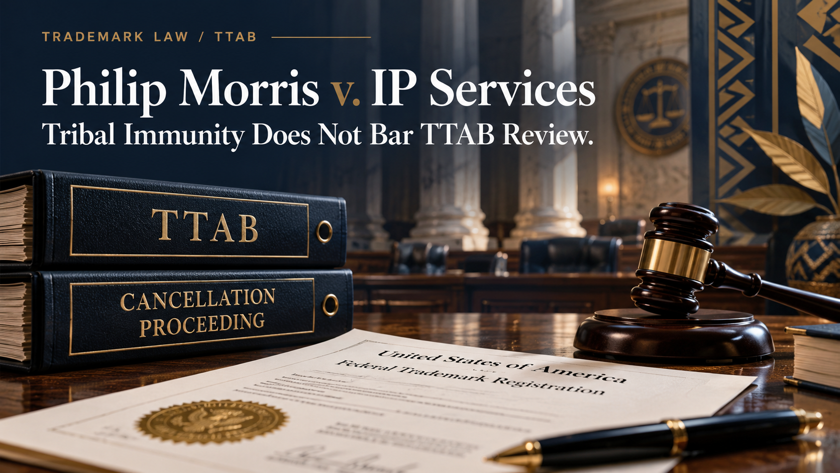 Custom illustration for Philip Morris v. IP Services showing TTAB trademark cancellation proceedings and tribal sovereign immunity