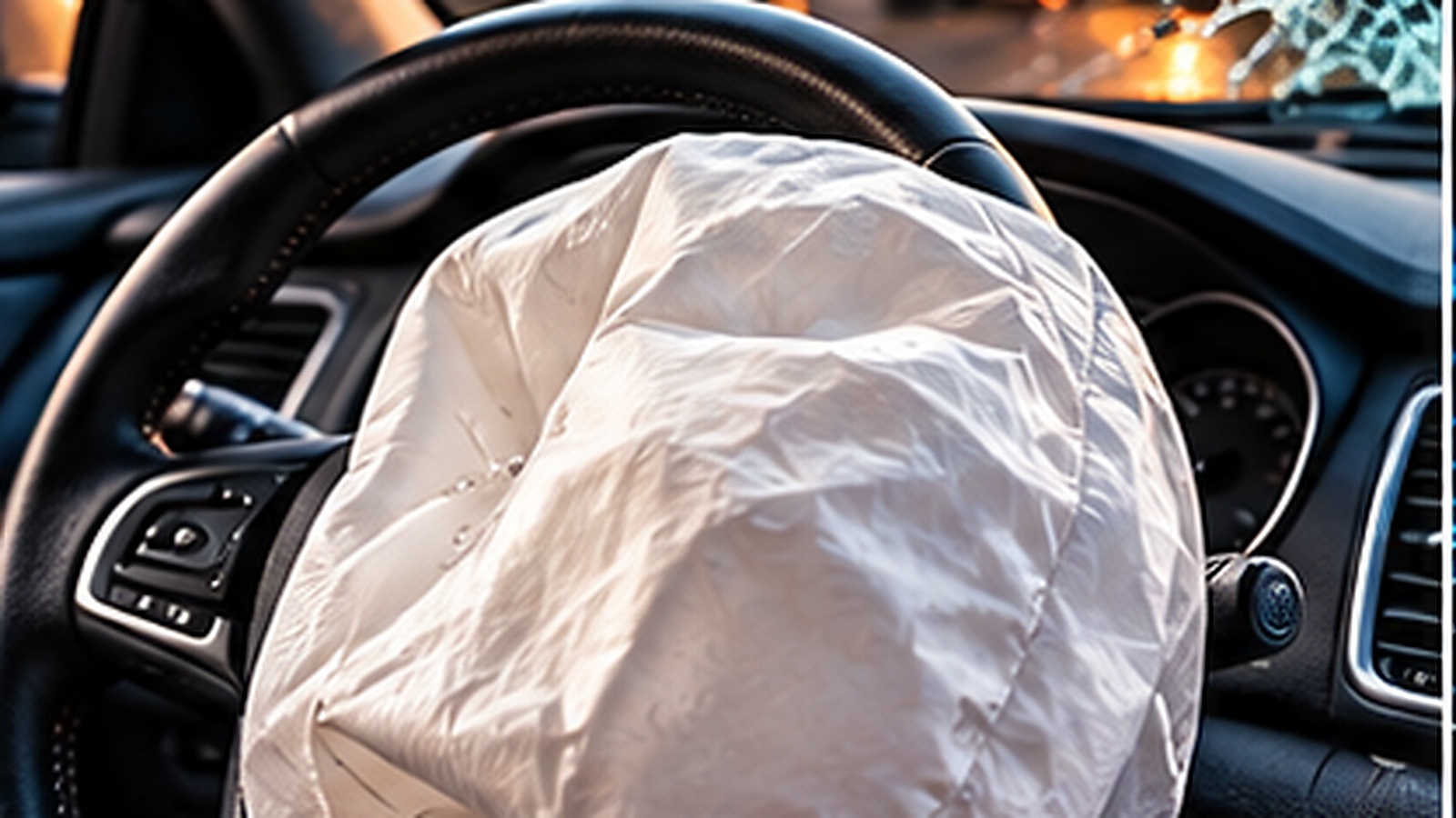 Deployed airbag inside a vehicle after a crash