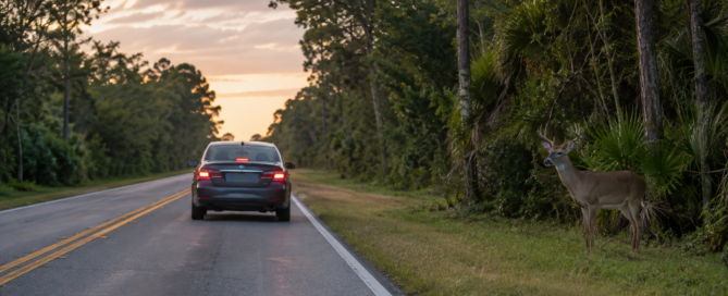Animal avoidance accident claim scene with a car stopped safely near a deer on a Florida roadside