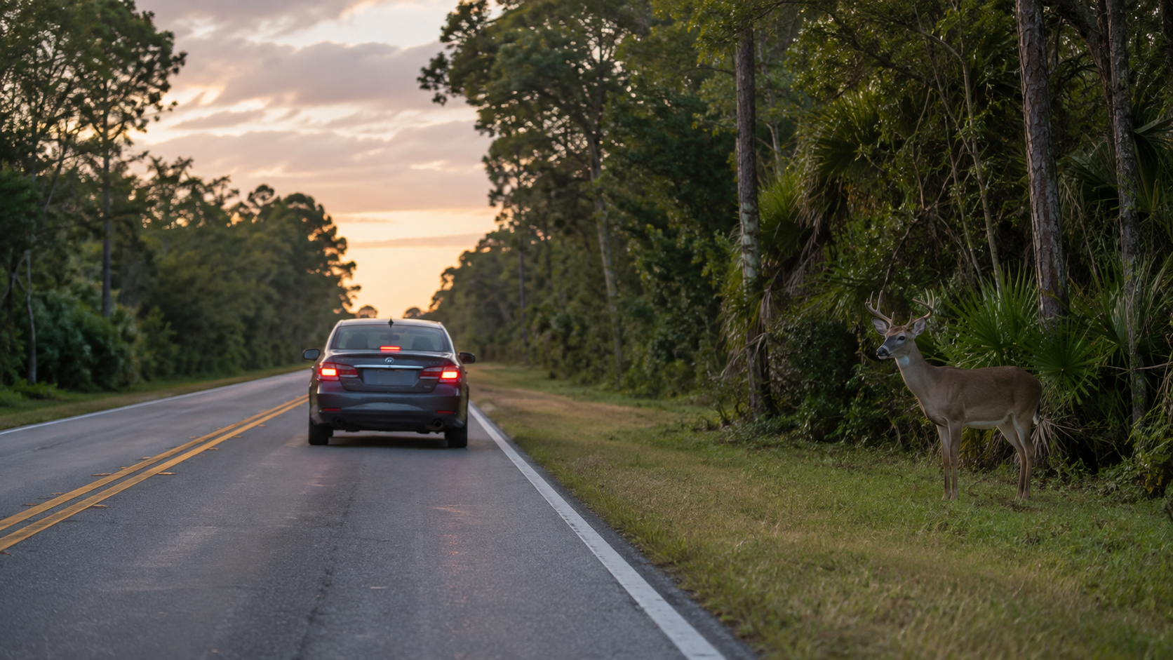 Animal avoidance accident claim scene with a car stopped safely near a deer on a Florida roadside