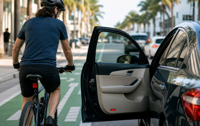 Cyclist approaching an open car door in a marked Florida bicycle lane