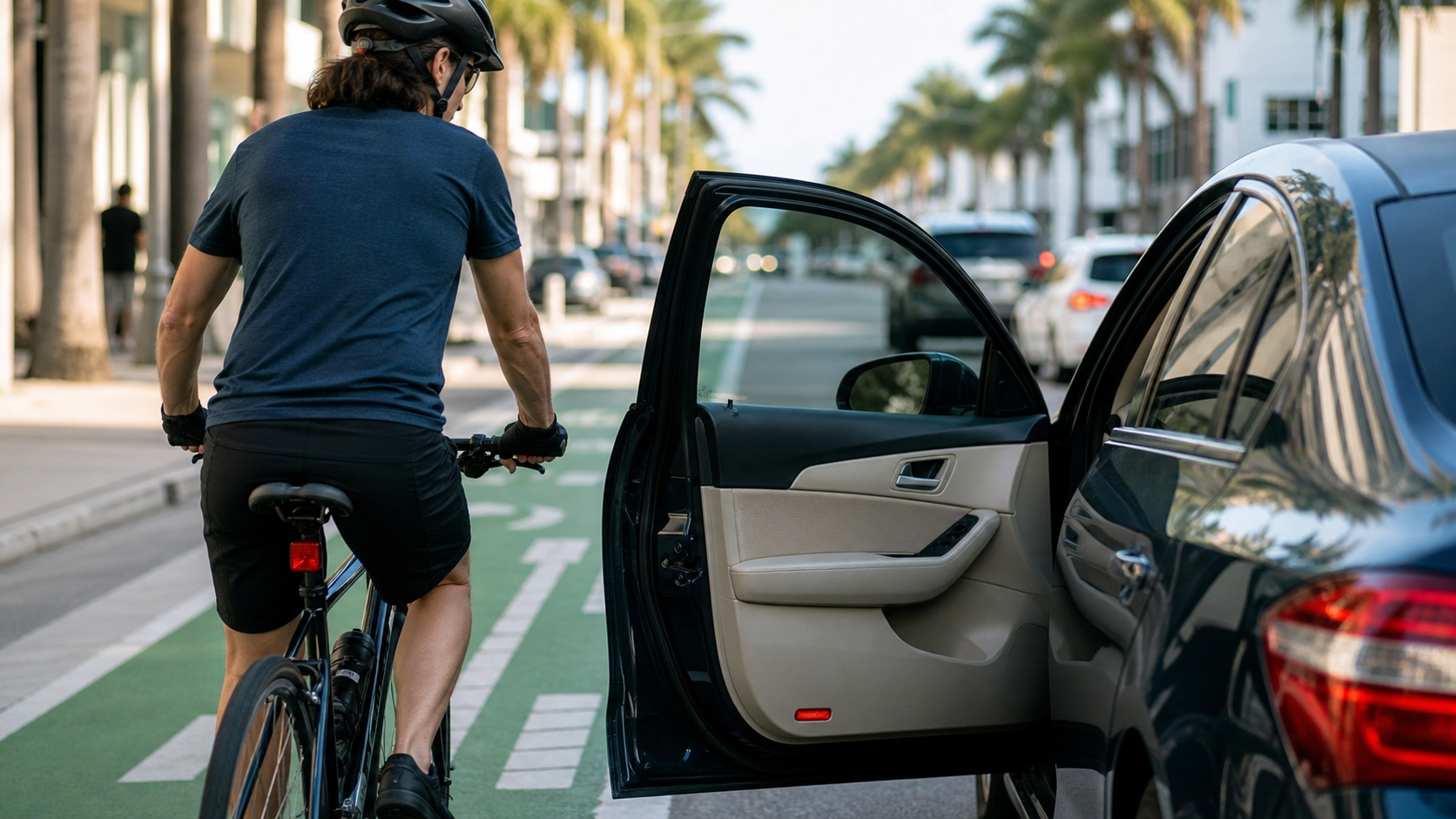 Cyclist approaching an open car door in a marked Florida bicycle lane