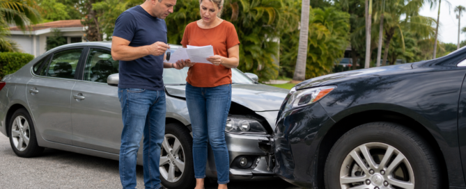 Two adults reviewing insurance information beside a borrowed car after a Florida accident