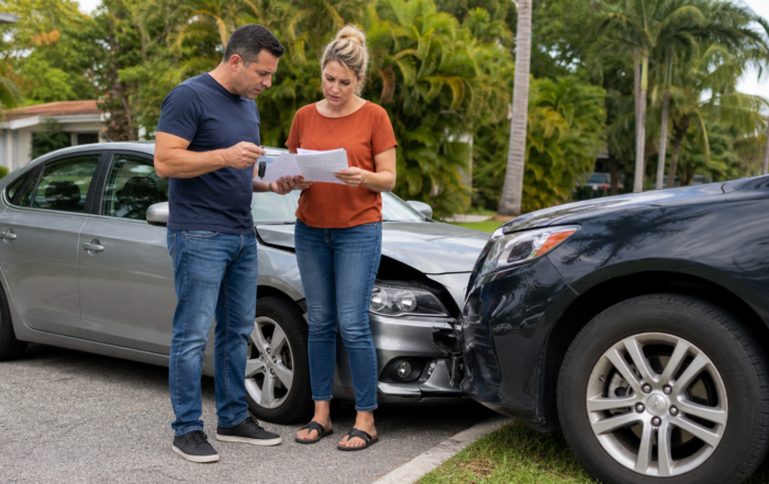 Two adults reviewing insurance information beside a borrowed car after a Florida accident