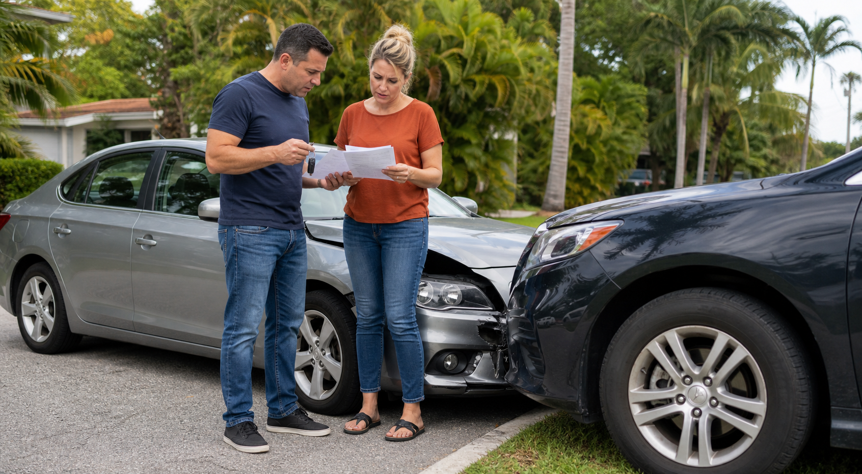 Two adults reviewing insurance information beside a borrowed car after a Florida accident