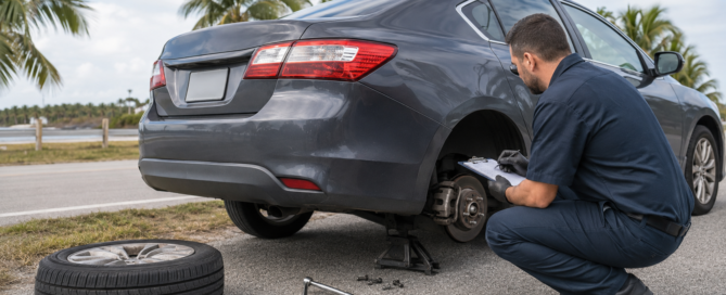 Brake failure accident claim evidence showing a mechanic inspecting an unbranded car brake assembly