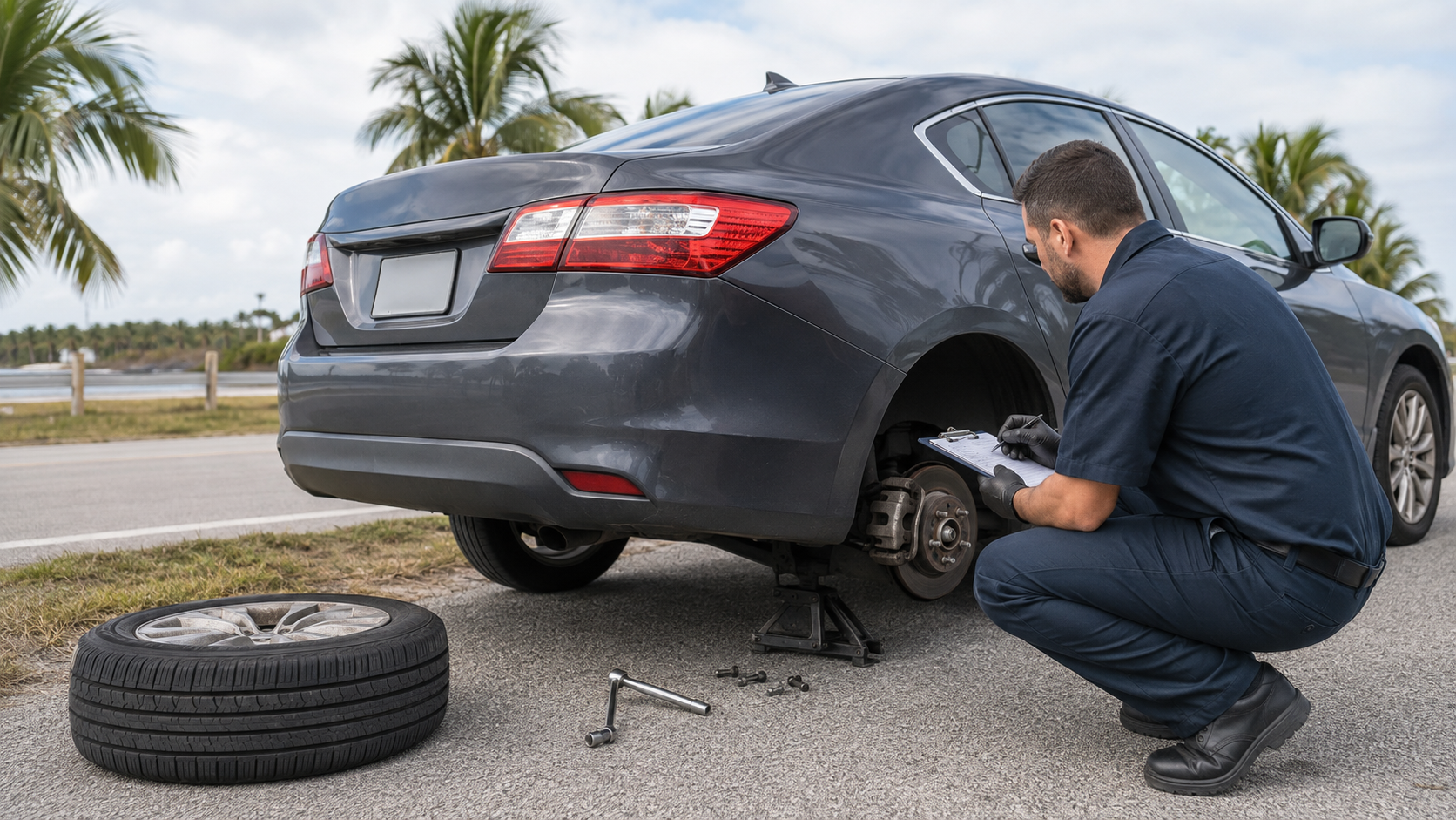 Brake failure accident claim evidence showing a mechanic inspecting an unbranded car brake assembly