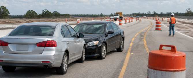 Construction zone accident claim scene with two cars stopped among temporary Florida lane controls