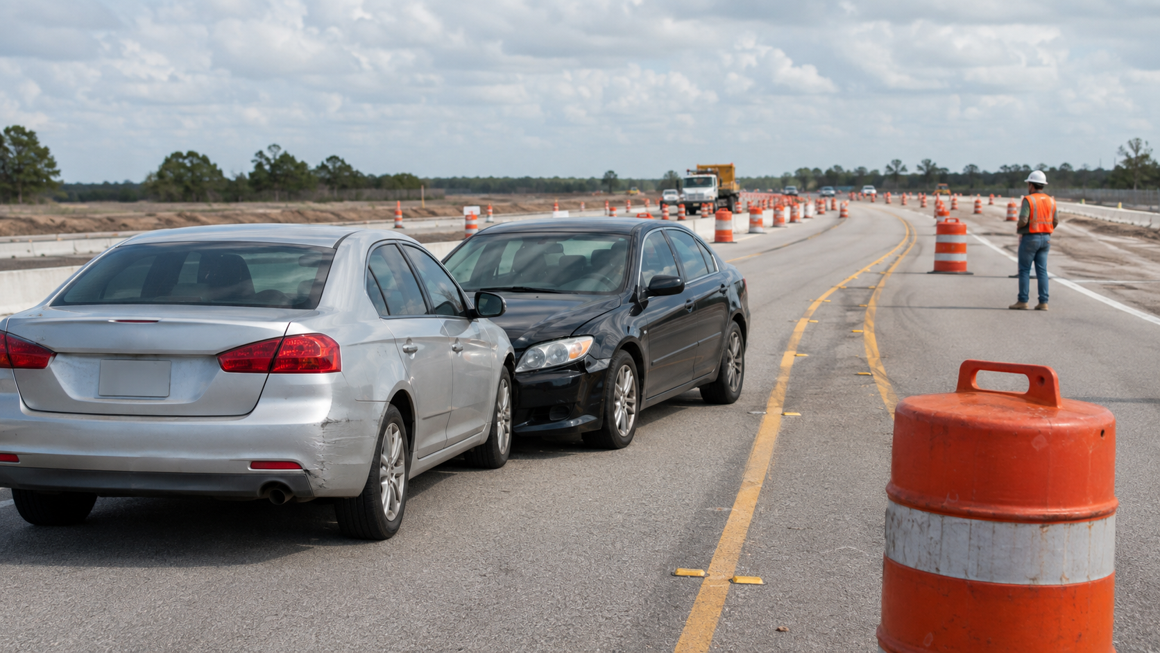 Construction zone accident claim scene with two cars stopped among temporary Florida lane controls