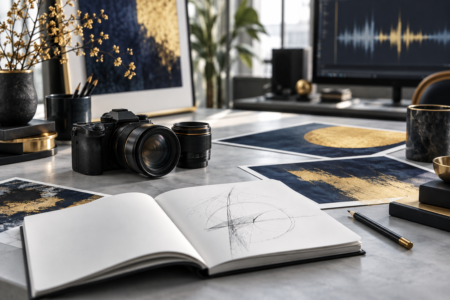 copyright-creative-studio Camera, artwork, sketchbook and digital audio in a creative studio