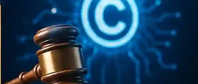 Editorial illustration combining a copyright symbol, creative media, and legal review for online publishing and registration.