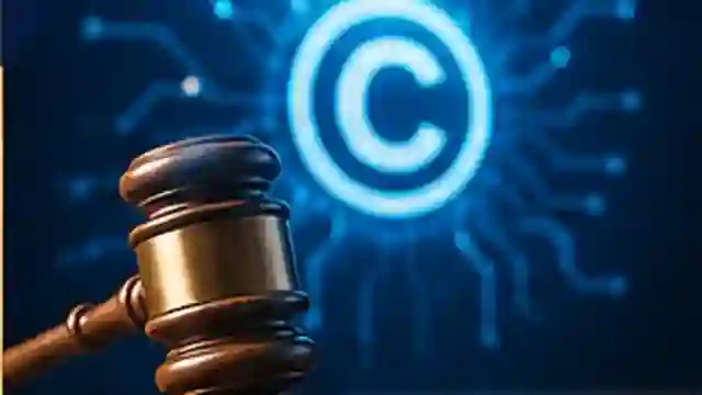 Editorial illustration combining a copyright symbol, creative media, and legal review for online publishing and registration.