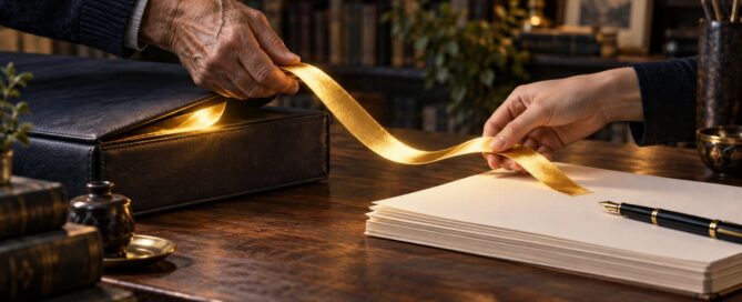 Older and younger hands pass a golden ribbon from an archive portfolio to blank manuscript pages.