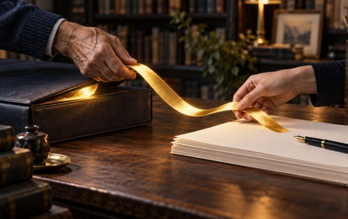 Older and younger hands pass a golden ribbon from an archive portfolio to blank manuscript pages.