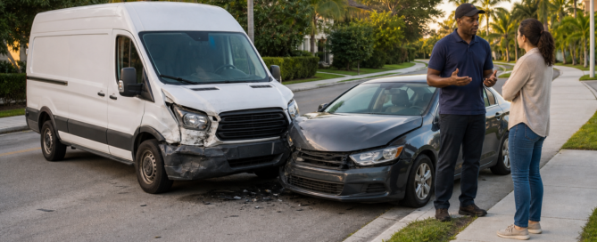 Unbranded delivery van and passenger car involved in a Florida neighborhood collision