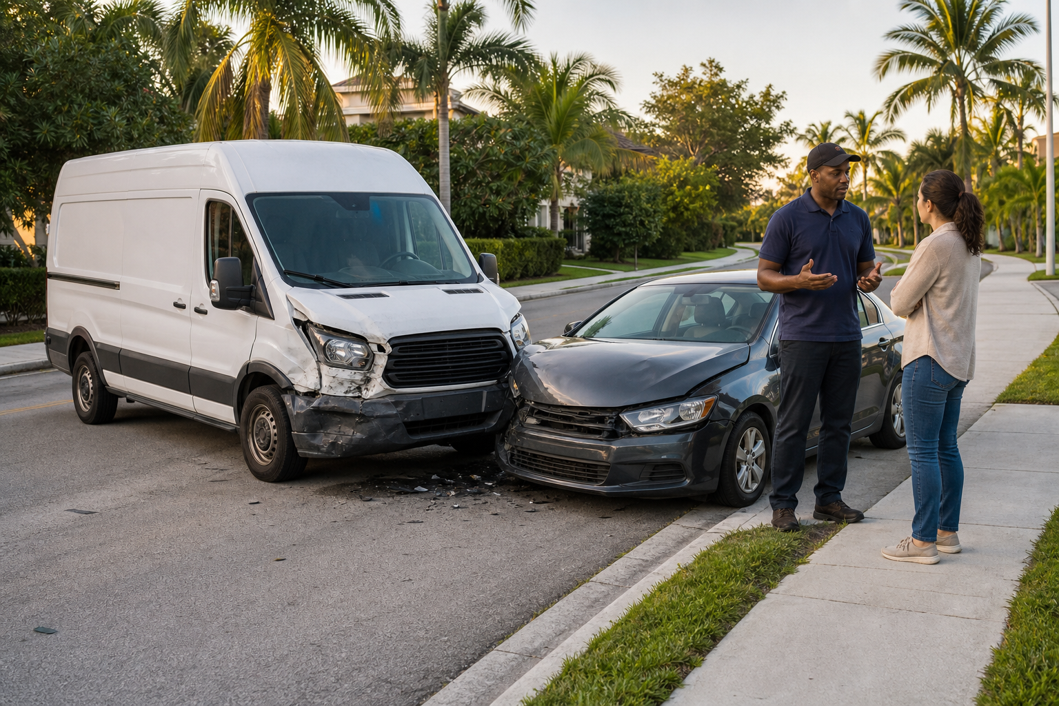Unbranded delivery van and passenger car involved in a Florida neighborhood collision