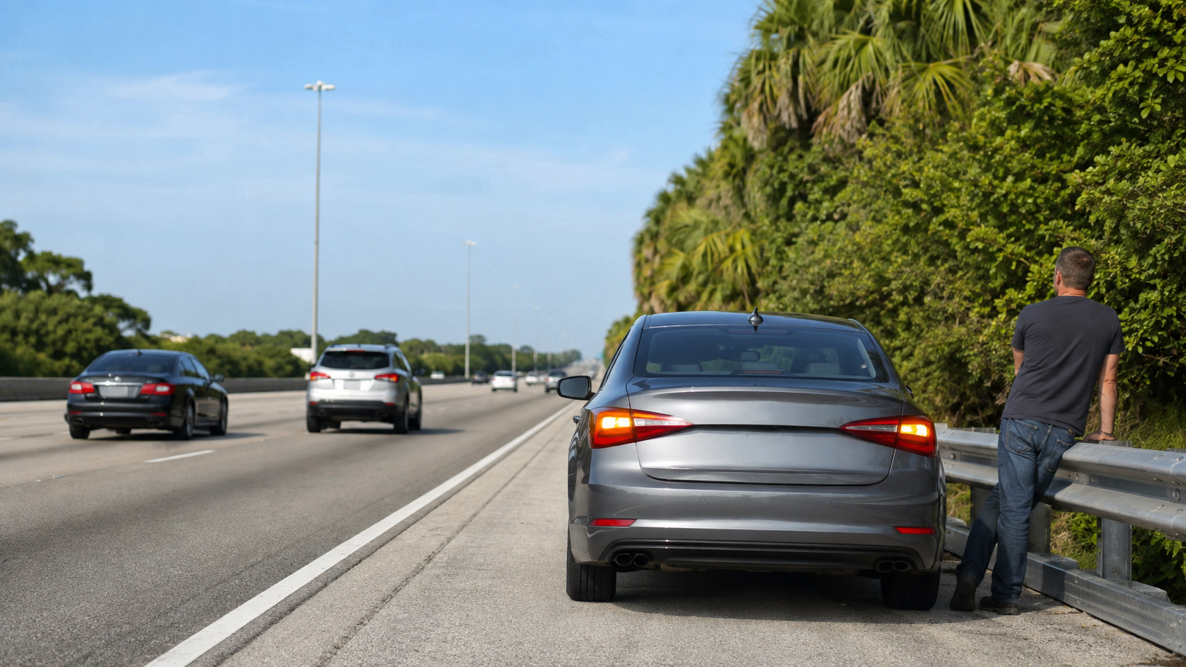 Disabled vehicle accident claim scene with a car on a Florida highway shoulder and occupant behind a guardrail