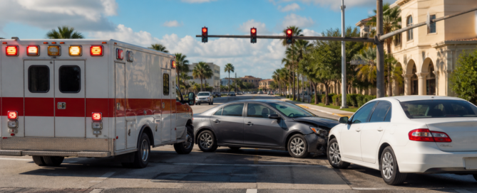 Ambulance and passenger cars after a minor collision at a Florida intersection