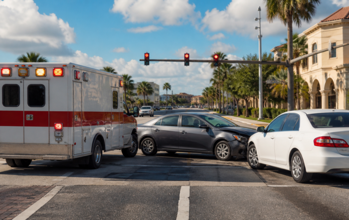 Ambulance and passenger cars after a minor collision at a Florida intersection