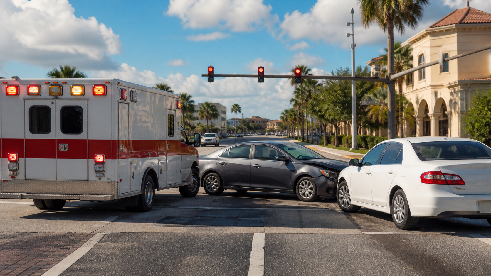 Ambulance and passenger cars after a minor collision at a Florida intersection