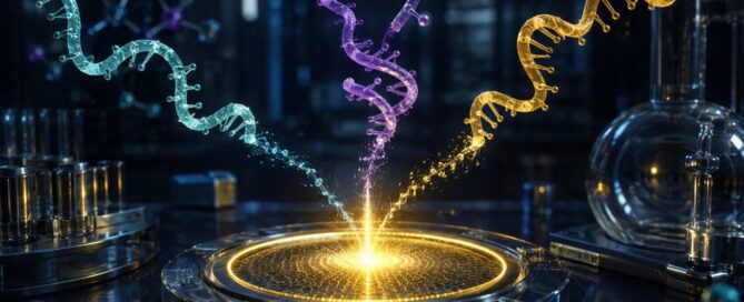 Three distinct molecular strands converging on one functional biosensor in a dark laboratory.