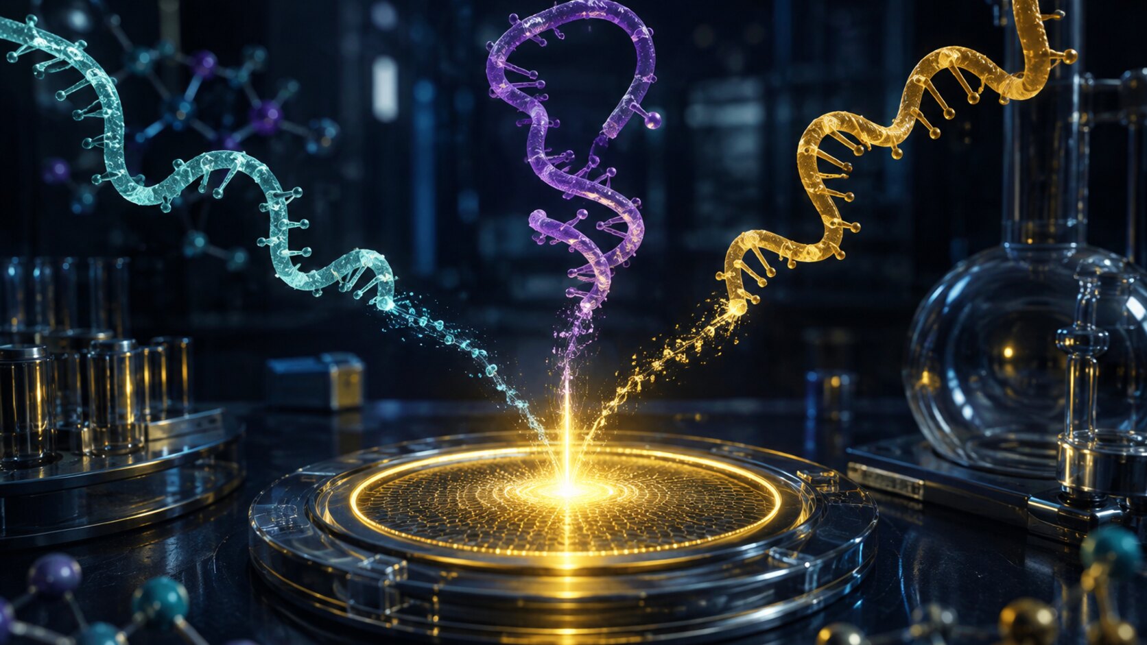 Three distinct molecular strands converging on one functional biosensor in a dark laboratory.