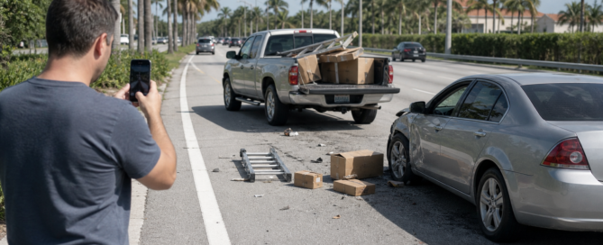Unsecured ladder and boxes on a Florida roadway after a falling-cargo accident