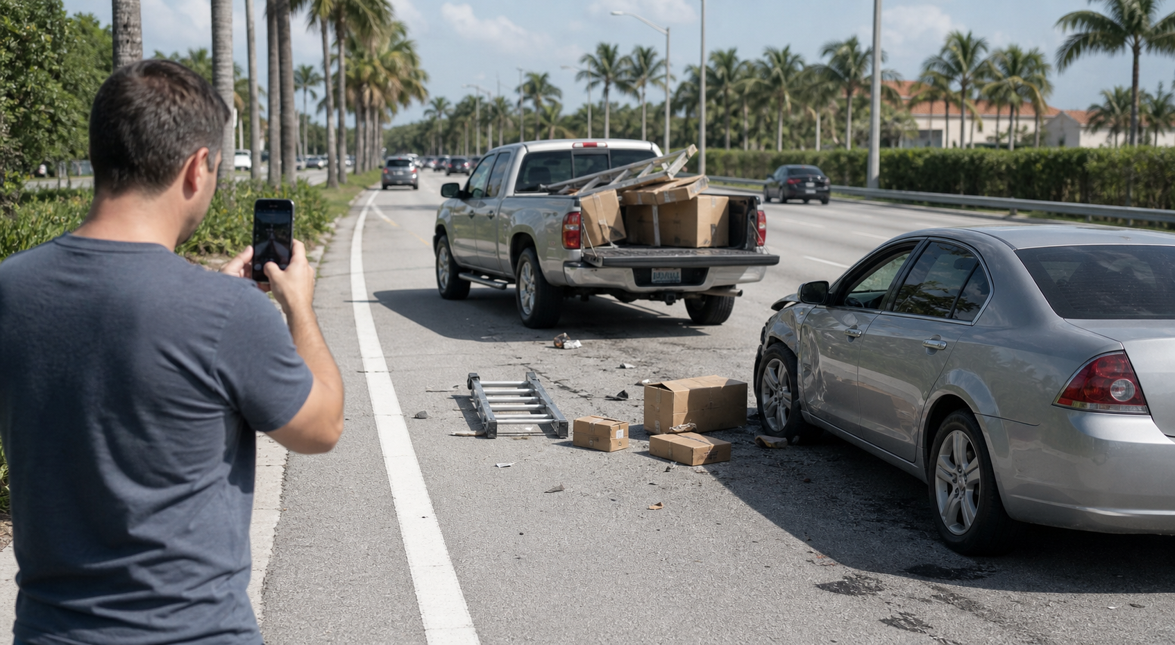 Unsecured ladder and boxes on a Florida roadway after a falling-cargo accident