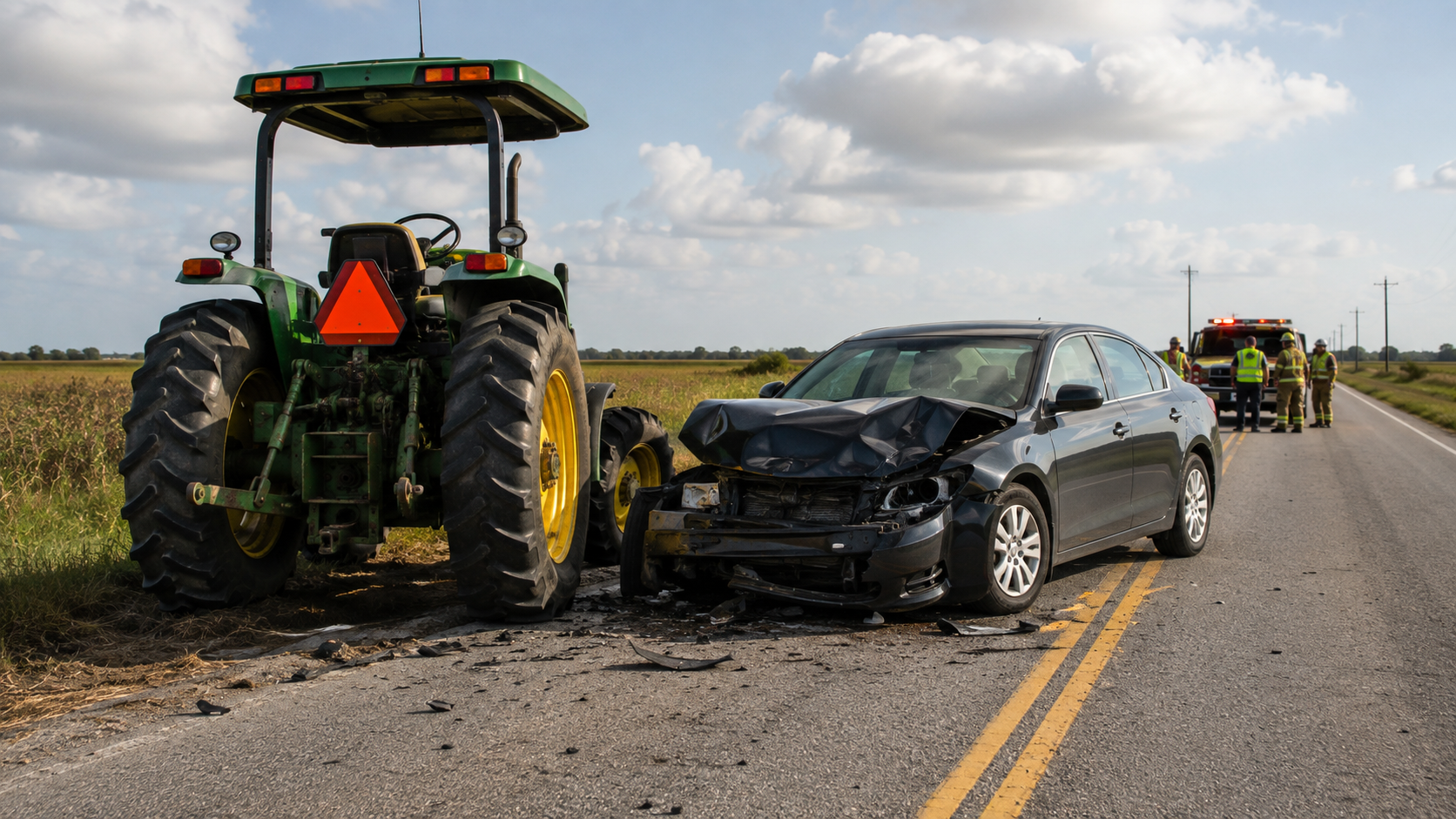 Farm equipment accident claim scene with an unbranded car and tractor on a rural Florida road