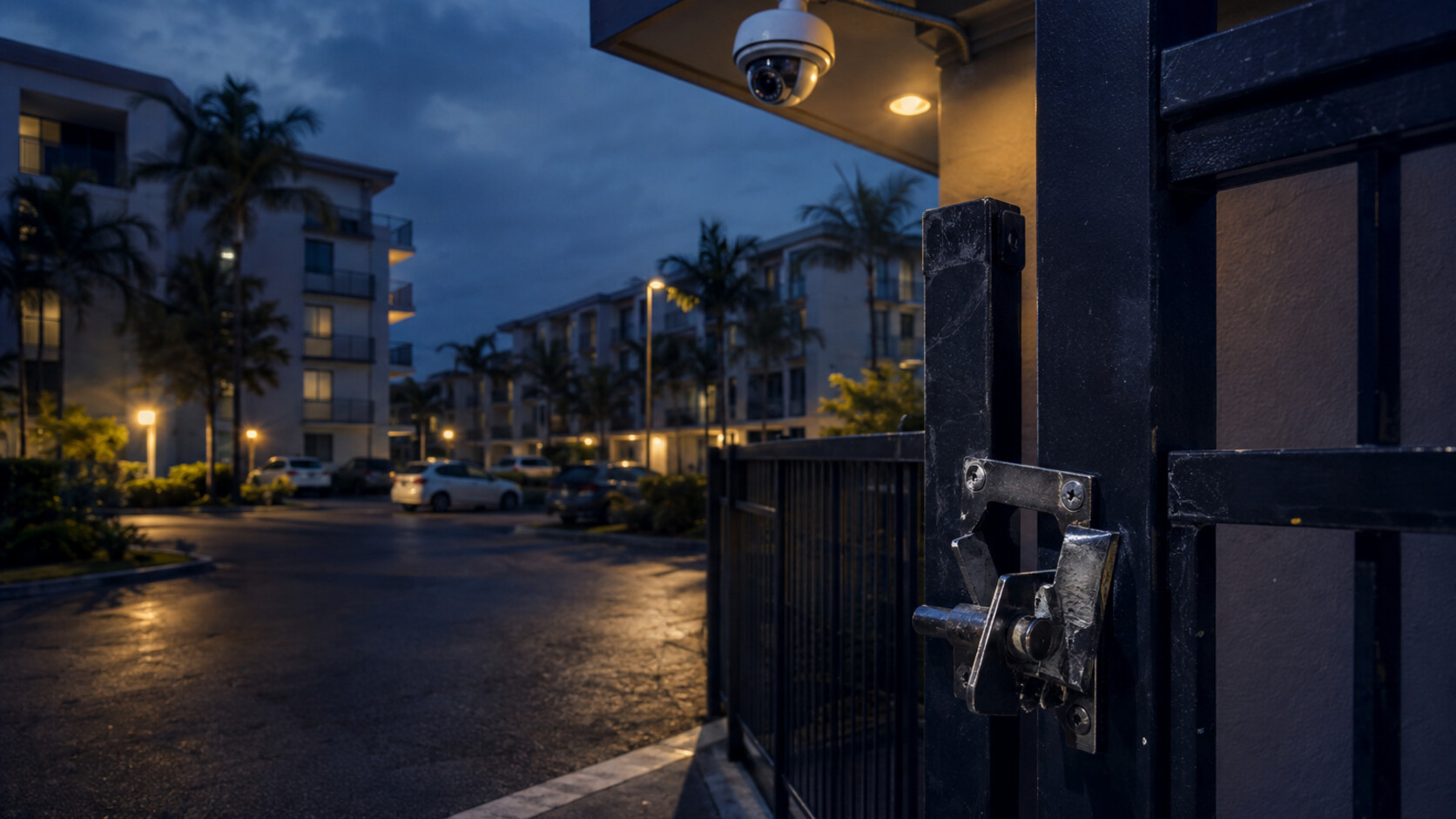 Damaged apartment access gate beneath a security camera in a dimly lit Florida residential parking area.