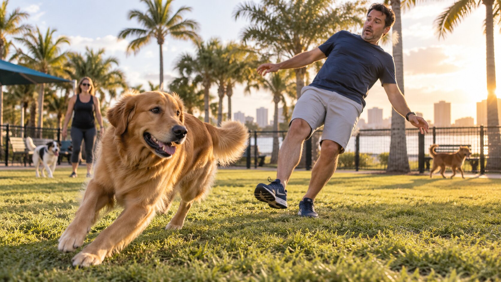 Golden retriever runs through a Florida dog park as a visitor loses his balance nearby.