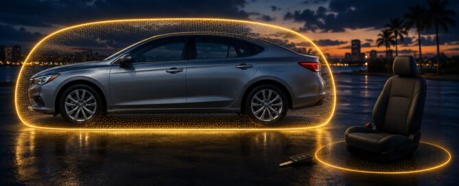 Unbranded sedan inside a glowing boundary with an empty driver seat outside, illustrating a Florida named-driver exclusion.