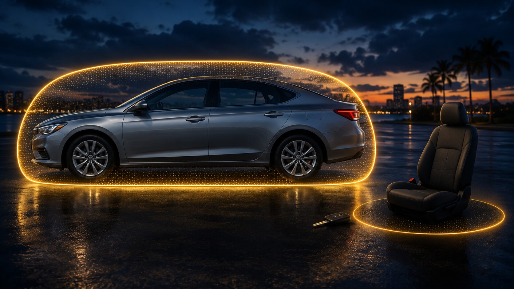 Unbranded sedan inside a glowing boundary with an empty driver seat outside, illustrating a Florida named-driver exclusion.