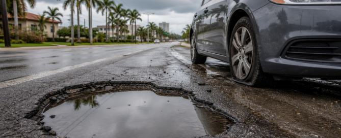pothole accident claim — water-filled pothole beside a car with a damaged tire on a wet Florida street