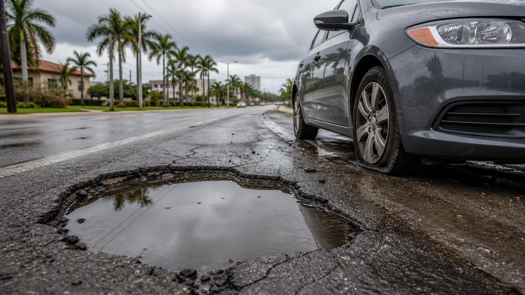 pothole accident claim — water-filled pothole beside a car with a damaged tire on a wet Florida street