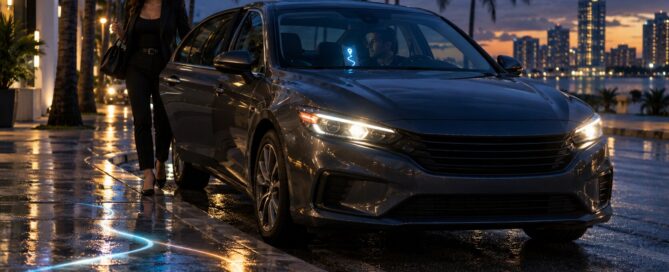 Unbranded rideshare sedan at a South Florida curb with a passenger exiting