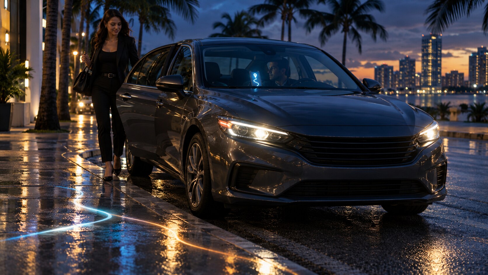 Unbranded rideshare sedan at a South Florida curb with a passenger exiting