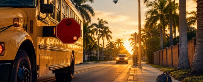 Florida school bus with a blank stop arm beside a crosswalk and backpack at sunrise.