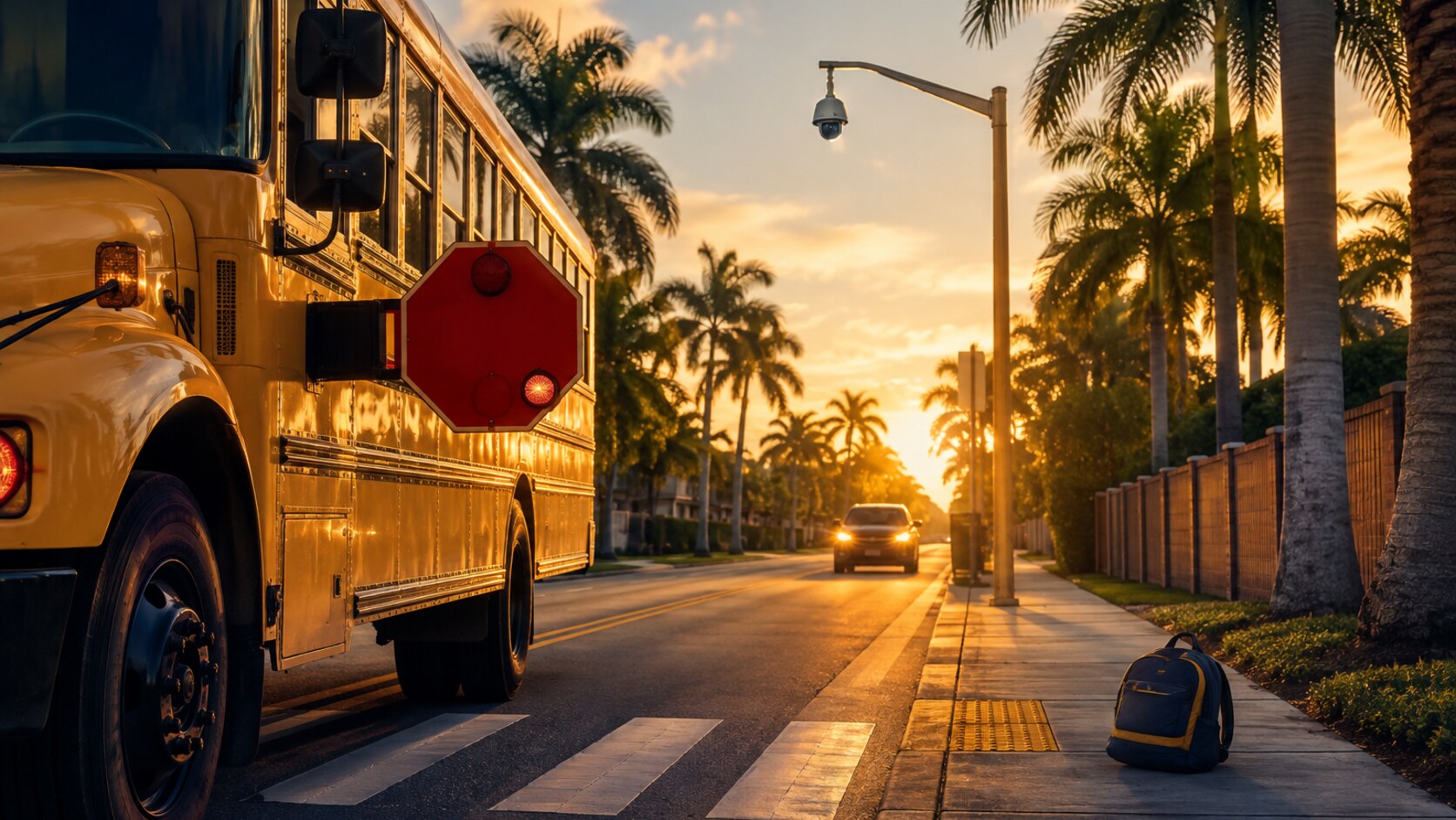 Florida school bus with a blank stop arm beside a crosswalk and backpack at sunrise.