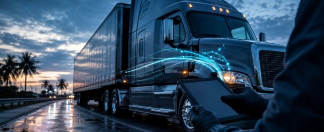 Semi-truck on a Florida highway while an investigator examines electronic logging data