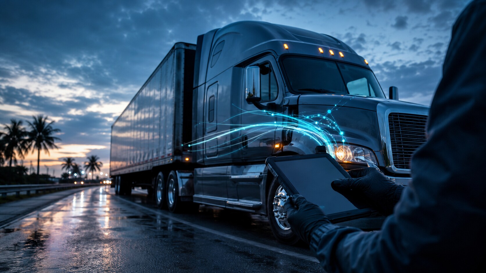 Semi-truck on a Florida highway while an investigator examines electronic logging data
