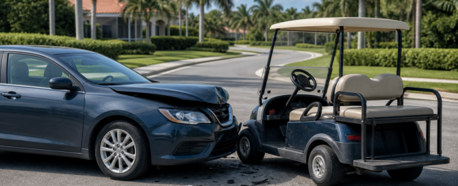 Golf cart and passenger car after a minor collision on a Florida street