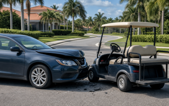 Golf cart and passenger car after a minor collision on a Florida street