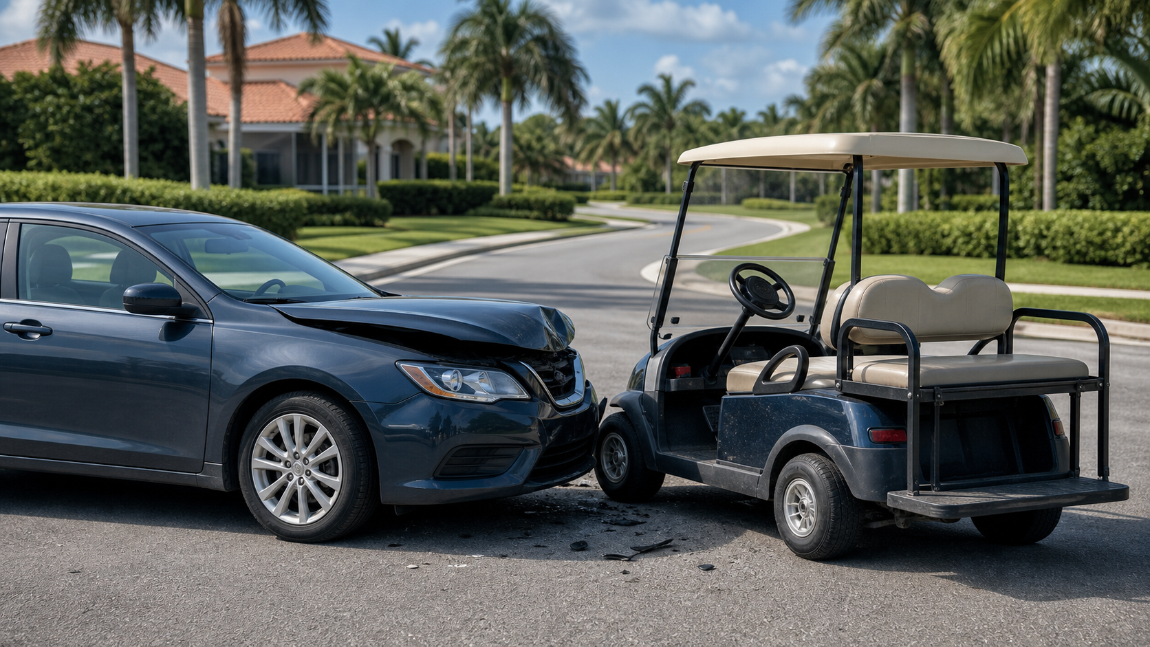 Golf cart and passenger car after a minor collision on a Florida street