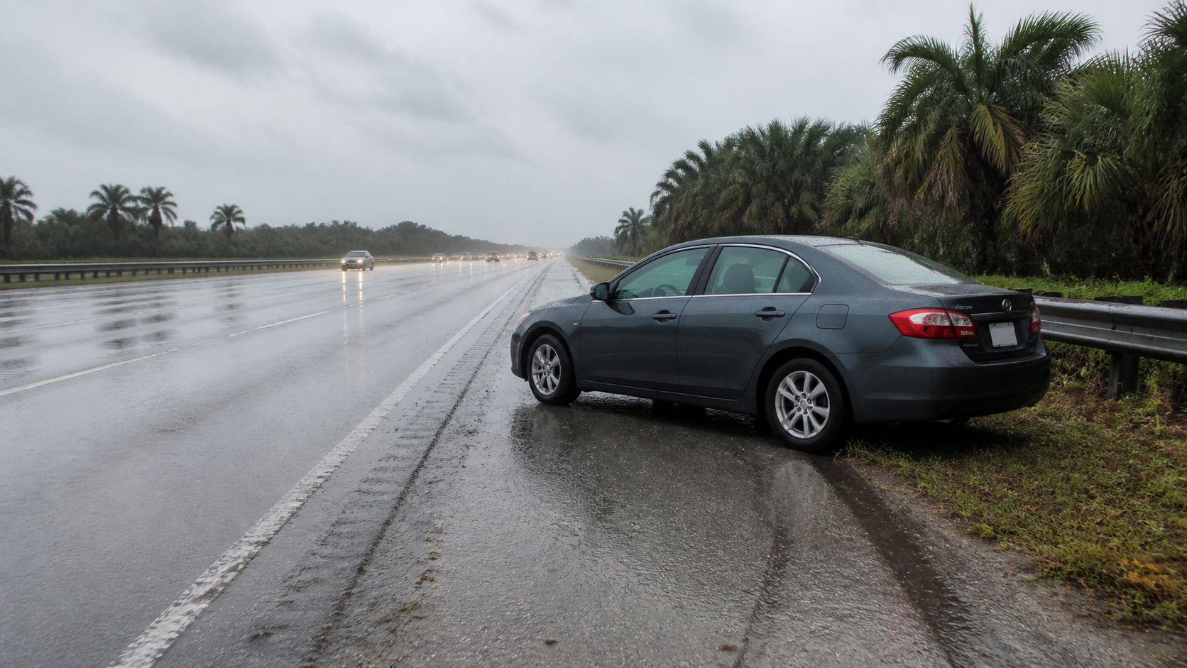 Hydroplaning accident claim scene with a car stopped on a rain-soaked Florida highway