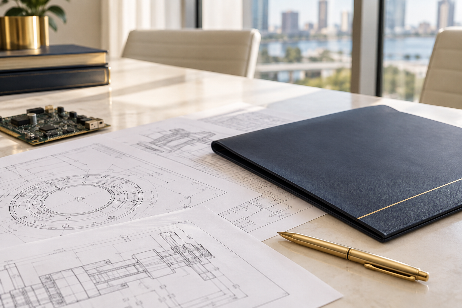 ip-engineering-desk Engineering drawings, a circuit board, and a navy legal folder
