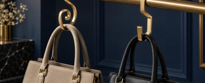 Two distinct sculptural handbag hooks displayed on a closet rod for design comparison