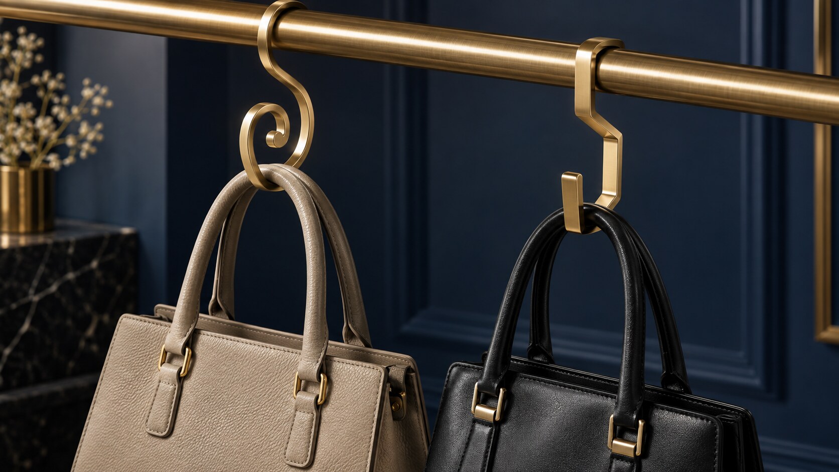 Two distinct sculptural handbag hooks displayed on a closet rod for design comparison